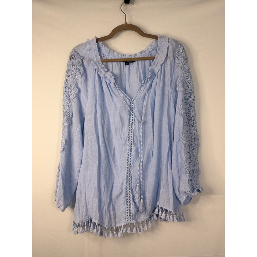 Zac & Rachel Peasant Blouse Womens XL Light Blue Lace Sleeve Tassel Hem Boho Top
